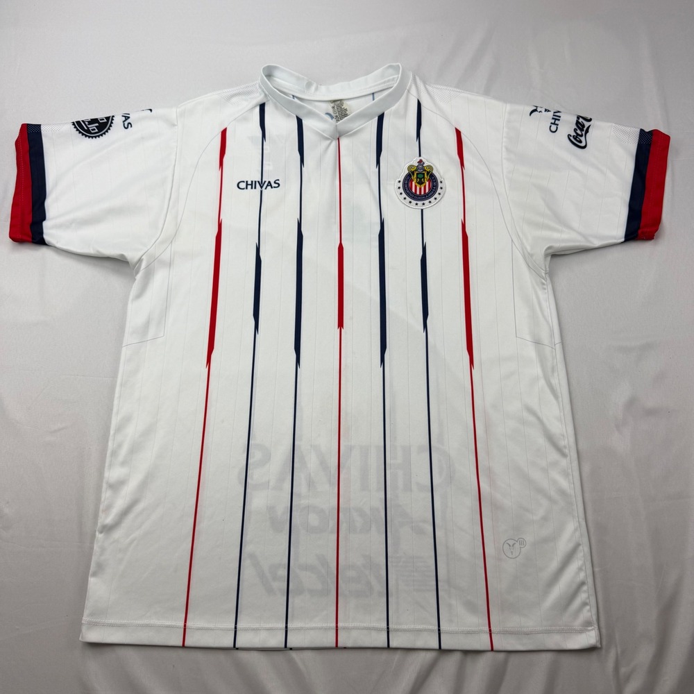 Chivas Soccer Jersey Mens Large White Pinstripe Short Sleeve Liga MX Mexico